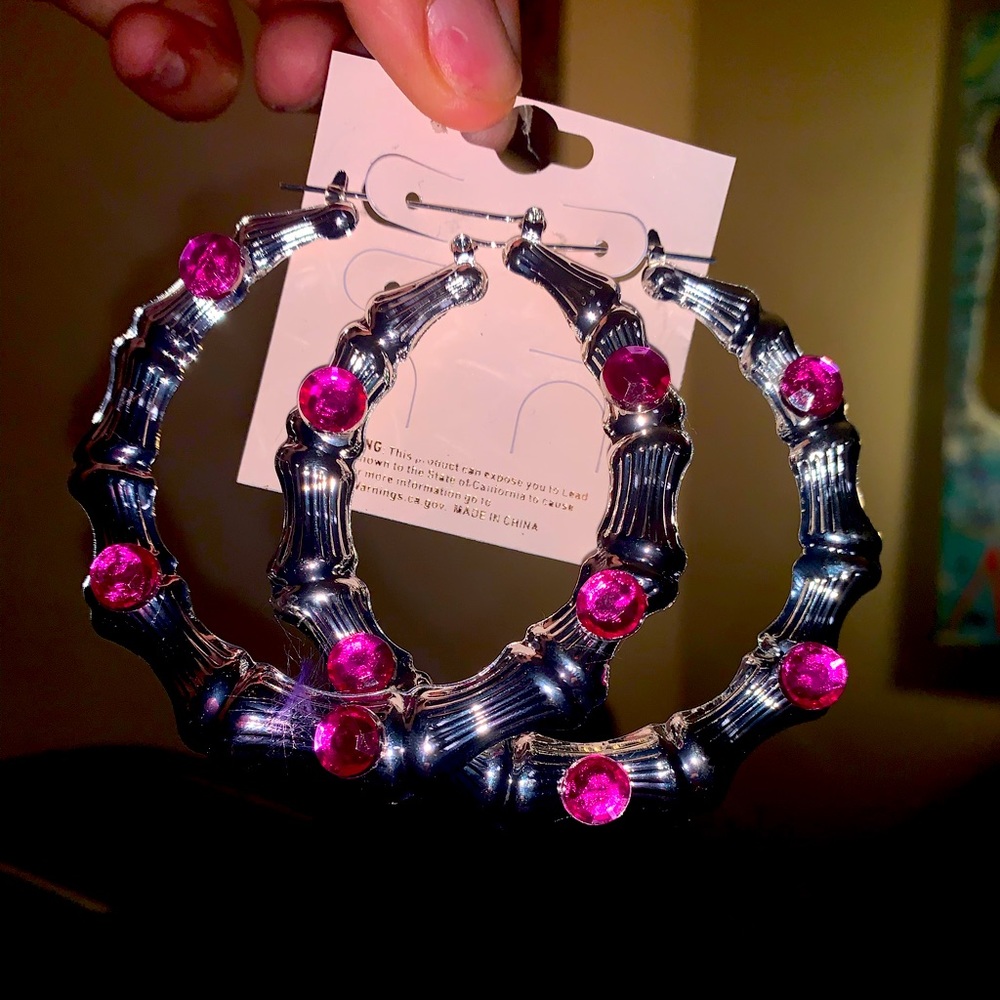 Bamboo Earrings Silver and Gold with one color Gems. Choose your color!